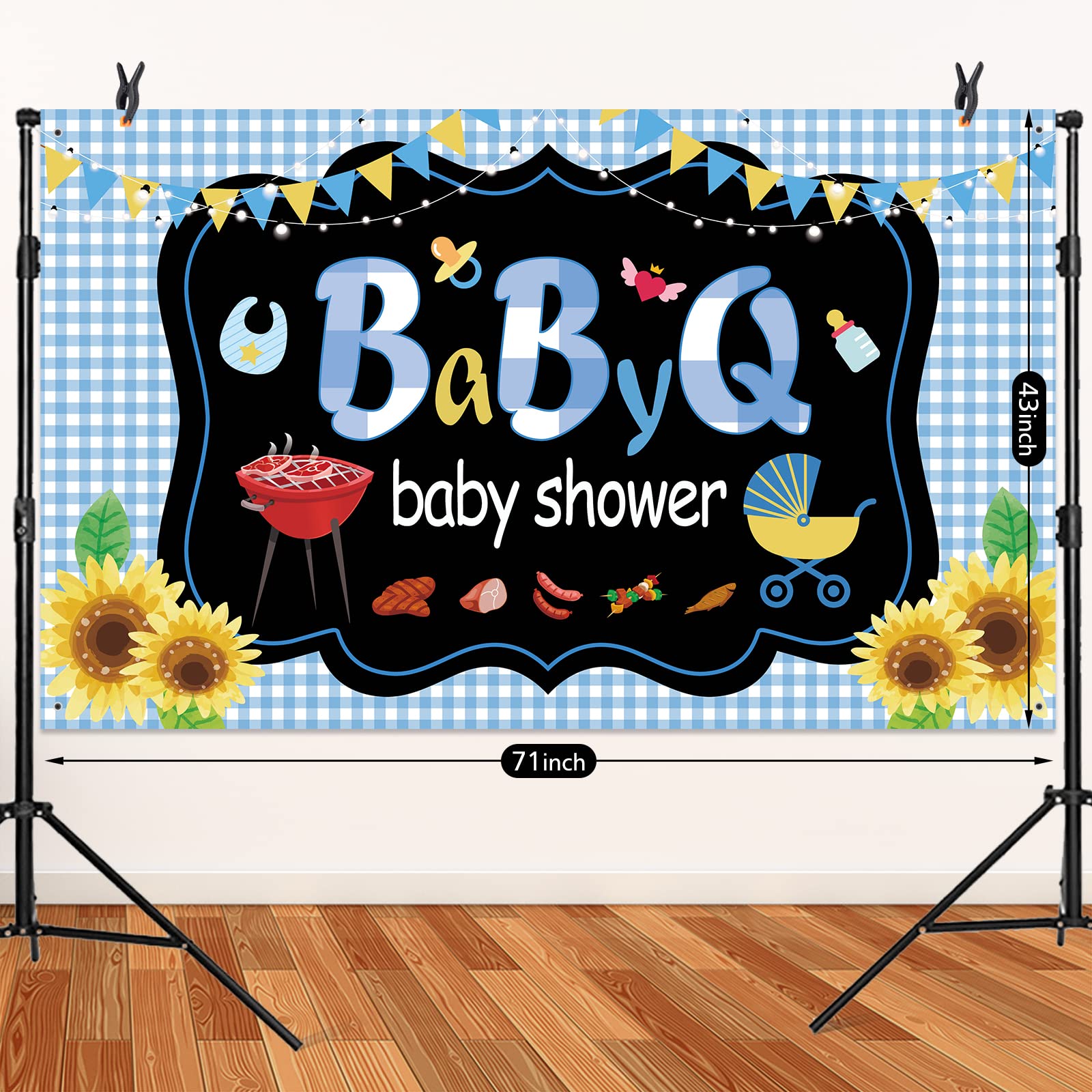 IPonfees Large Size BBQ Baby Shower Backdrop, 71x43 Inch Blue Vinyl Banner, Includes 236 Rope, Perfect for Baby Shower, Birthd